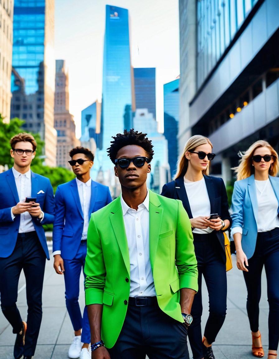 A stylish urban scene showcasing a diverse group of people in trendy smart apparel, with integrated technology like smart glasses and smartwatches. The background features a vibrant city skyline, blending modern architecture and greenery. Each individual expresses unique personal styles, reflecting both chic fashion and geeky technology elements. The overall atmosphere is lively and colorful, inviting viewers into this smart fashion revolution. super-realistic. vibrant colors. cityscape.