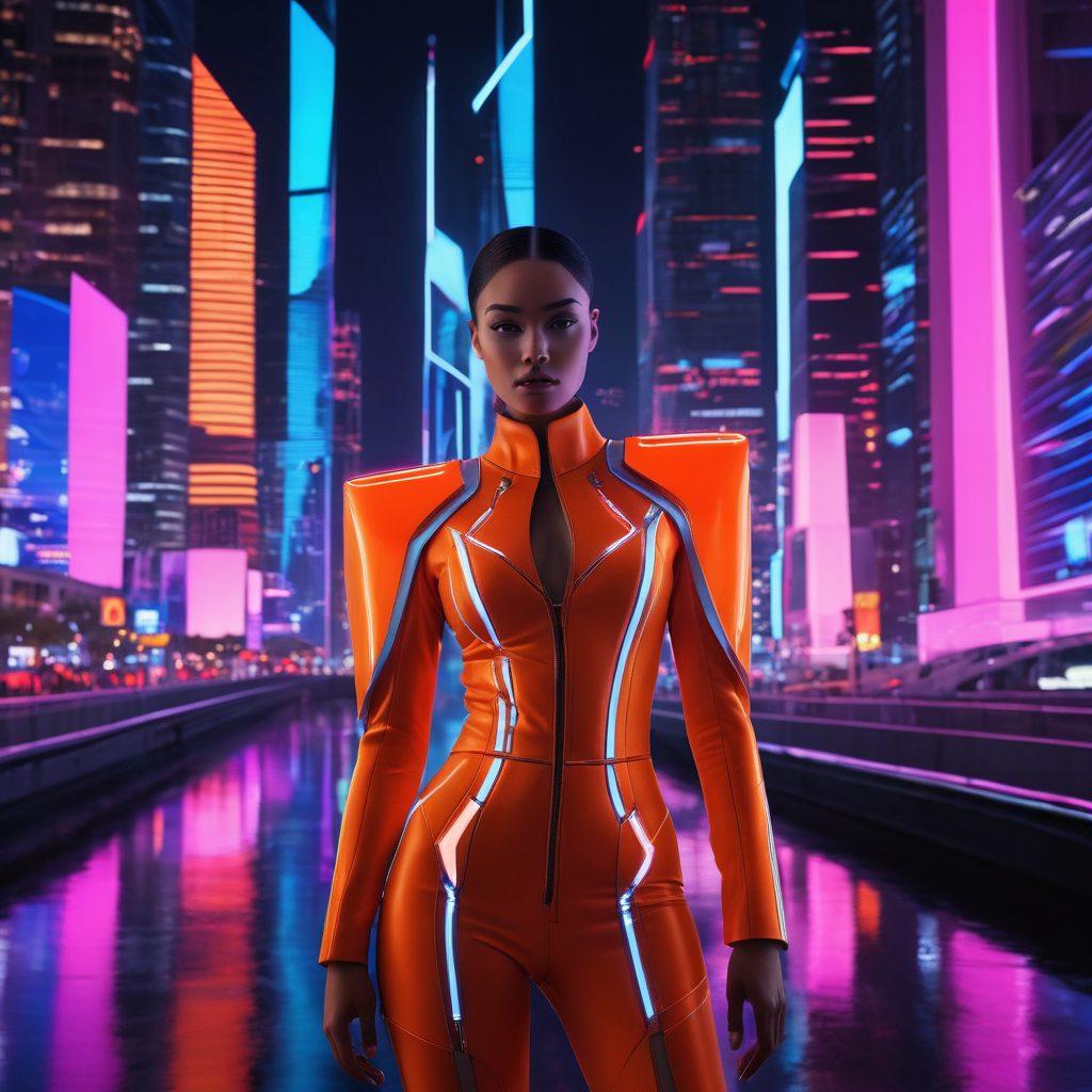 A futuristic fashion model showcasing an outfit integrated with cutting-edge technology, featuring glowing accessories and smart fabrics. The backdrop should be a sleek cityscape, symbolizing innovation and modernity. Highlight a blend of high fashion and tech with vibrant colors and dynamic lighting. Emphasize the stylish and avant-garde elements to inspire creativity. super-realistic. vibrant colors. futuristic setting.